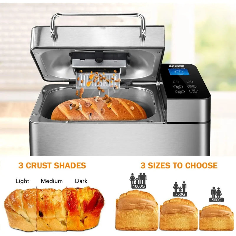 Pro Stainless Steel Bread Machine, 2LB 17-in-1 Programmable XL Bread Maker with Fruit Nut Dispenser, Nonstick Ceramic Pan