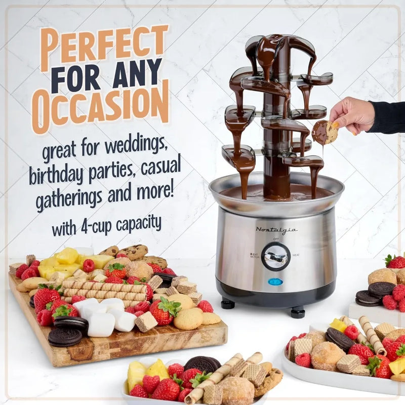 4 Tier Electric Chocolate Fondue Fountain Machine for Parties, Dip Strawberries, Apple Wedges and More, Chocolate Melting Pot