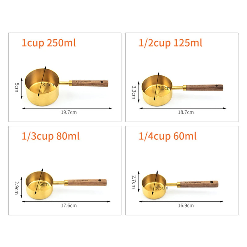 8Pcs Stainless Steel Measuring Cup Spoon Set Wooden Handle Coffee Flour Scoop Bartending Scale Kitchen Cooking Gadget Sets