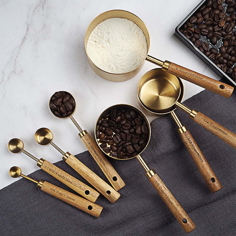 8Pcs Stainless Steel Measuring Cup Spoon Set Wooden Handle Coffee Flour Scoop Bartending Scale Kitchen Cooking Gadget Sets