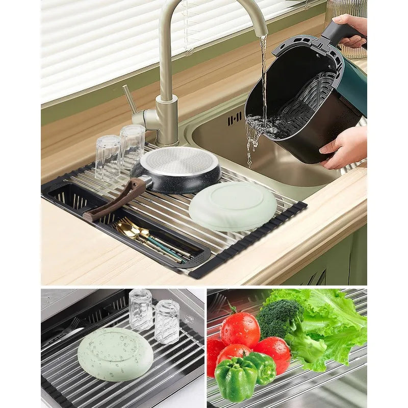 Roll Up Dish Drying Rack,Expandable Over The Sink Dish Drainer,Stainless Steel Kitchen Rolling Sink Rack(Black)