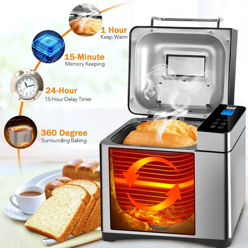 Pro Stainless Steel Bread Machine, 2LB 17-in-1 Programmable XL Bread Maker with Fruit Nut Dispenser, Nonstick Ceramic Pan