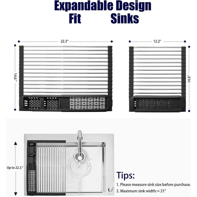 Roll Up Dish Drying Rack,Expandable Over The Sink Dish Drainer,Stainless Steel Kitchen Rolling Sink Rack(Black)